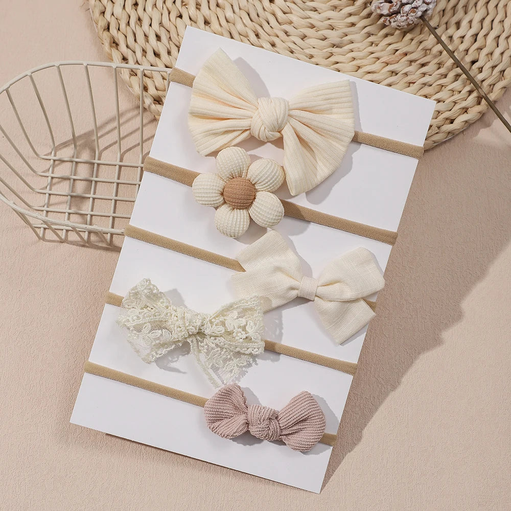 5Pcs/Set Baby Elastic Headband Newborn Apricot Flower Bow Nylon Hair Bands for Girls Infant Toddler Soft Hair Accessories Gift - ZOOMNSTORE