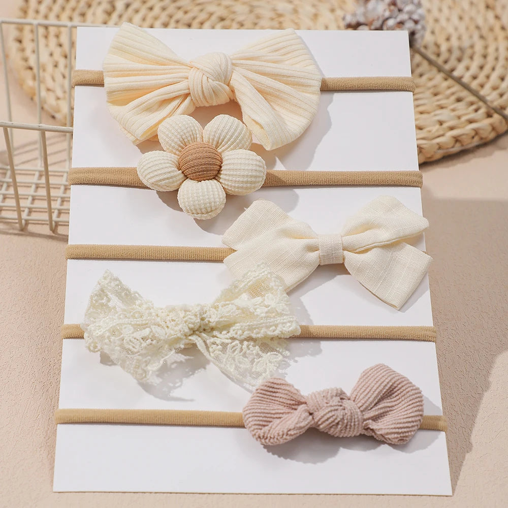 5Pcs/Set Baby Elastic Headband Newborn Apricot Flower Bow Nylon Hair Bands for Girls Infant Toddler Soft Hair Accessories Gift - ZOOMNSTORE