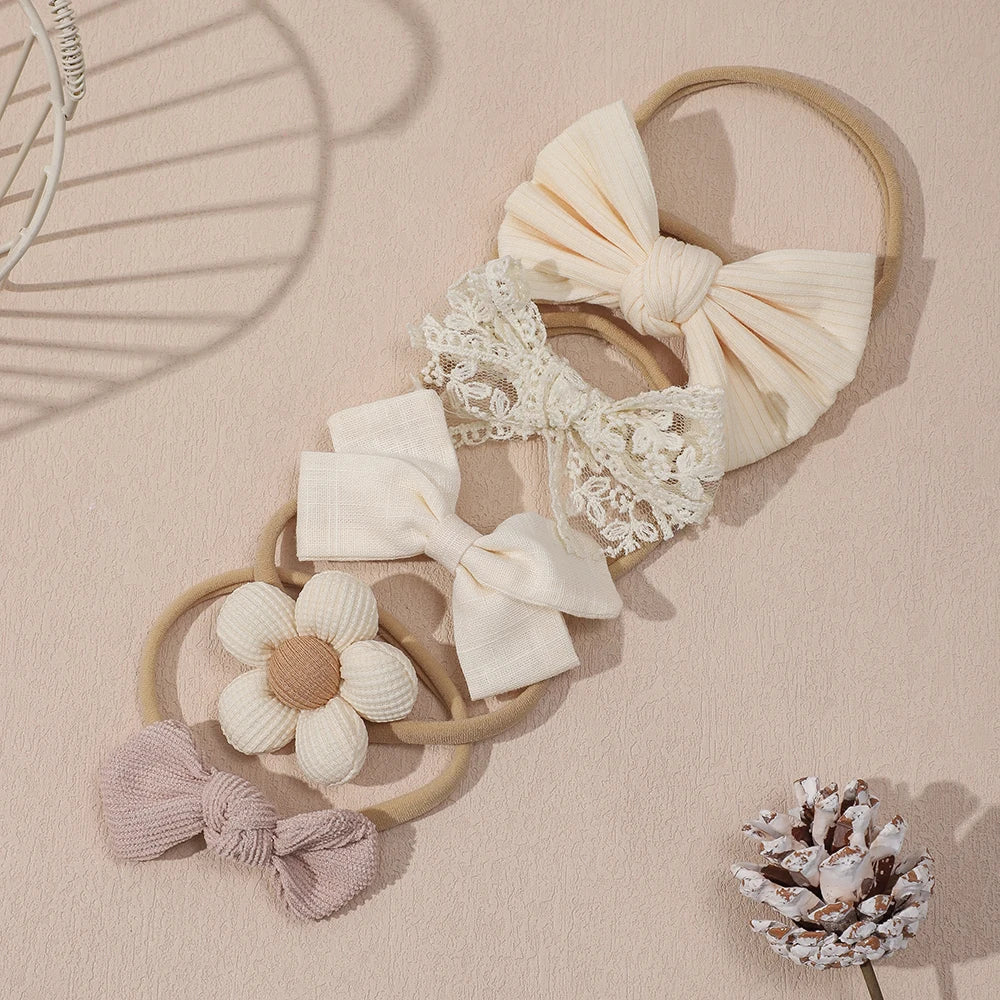 5Pcs/Set Baby Elastic Headband Newborn Apricot Flower Bow Nylon Hair Bands for Girls Infant Toddler Soft Hair Accessories Gift - ZOOMNSTORE