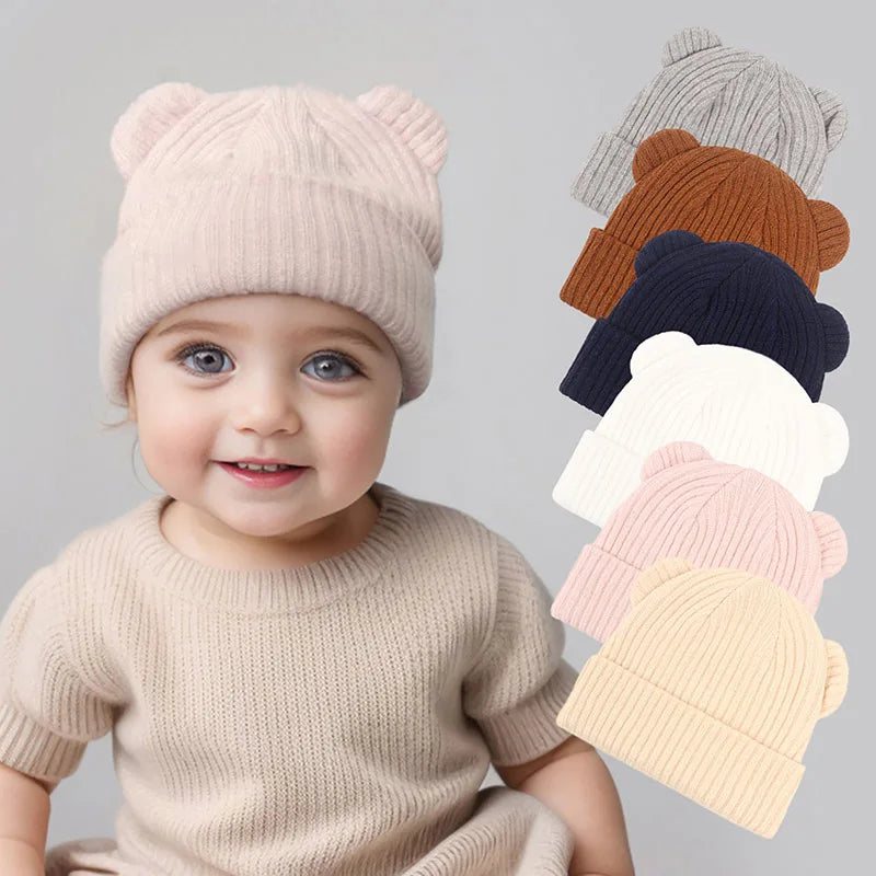0-2year Baby Knitted Hat Kids Solid Color Woolen Pullover Cap Boys Girls Infant Winter Warm Beanies Basic Toddler Crochet Bonnet - ZOOMNSTORE