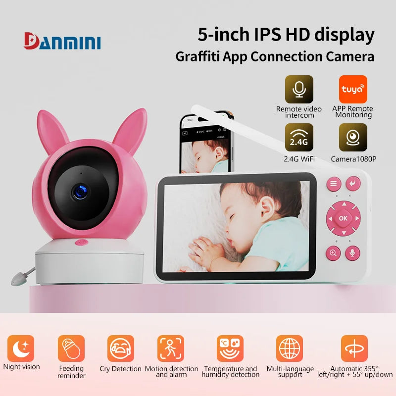 DANMINI 5 "TuyaAPP Baby Monitor Security Protection Wireless PTZ Surveillance Camera with Infrared Night Vision Motion Detection - ZOOMNSTORE