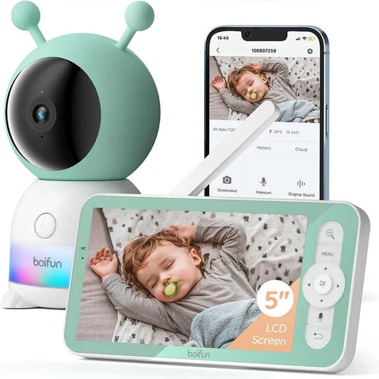 BOIFUN 2K 5" Baby Monitor Camera,  360° Rotation with Phone App, Colorful Night Lights,Motion Monitoring, Automatic Tracking - ZOOMNSTORE