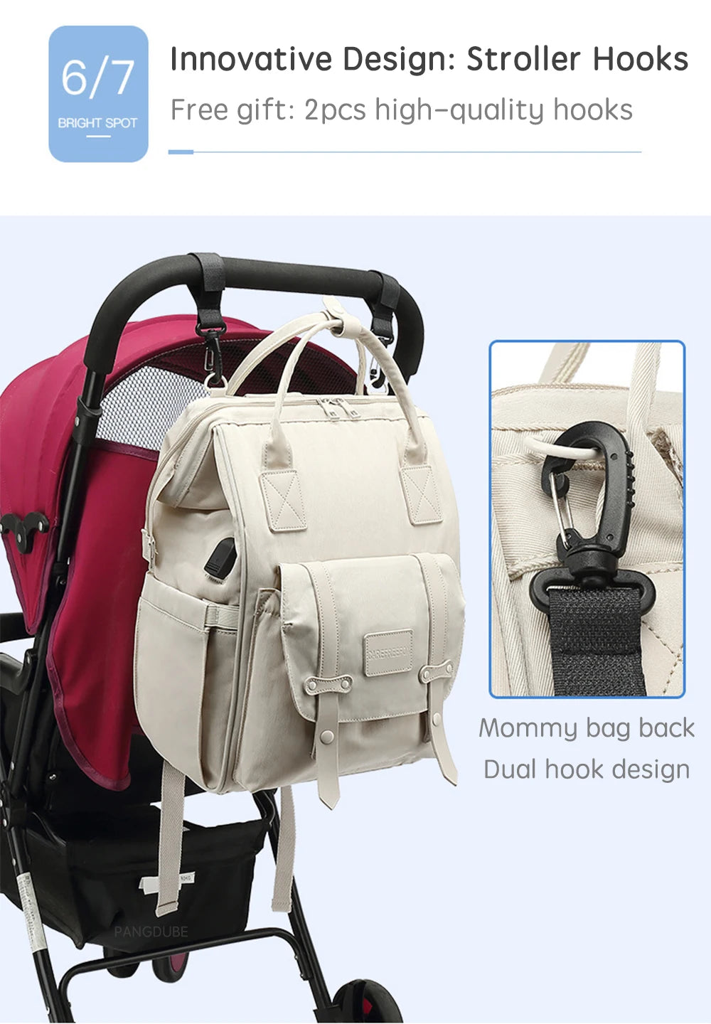 PANGDUBE Baby Nappy Bag with 2pcs Stroller Hooks Mummy Bag Backpack Waterproof Outdoor Travel Mommy Maternity Bag for Baby Stuff - ZOOMNSTORE
