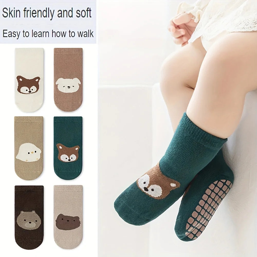 Six Pairs Autumn And Winter Large Area Dot Glue Baby Trampoline Socks, Baby Little Kids Non-slip Floor Socks Large Cartoon Strai - ZOOMNSTORE