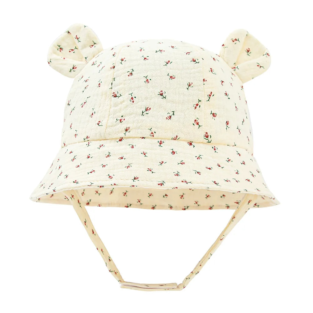 Baby Cotton Sun Hat New Children Outdoor Rabbit Ear Beach Caps Boy Girl Print Panama Hat Unisex Beach Bucket Hat For 3-12 Months - ZOOMNSTORE