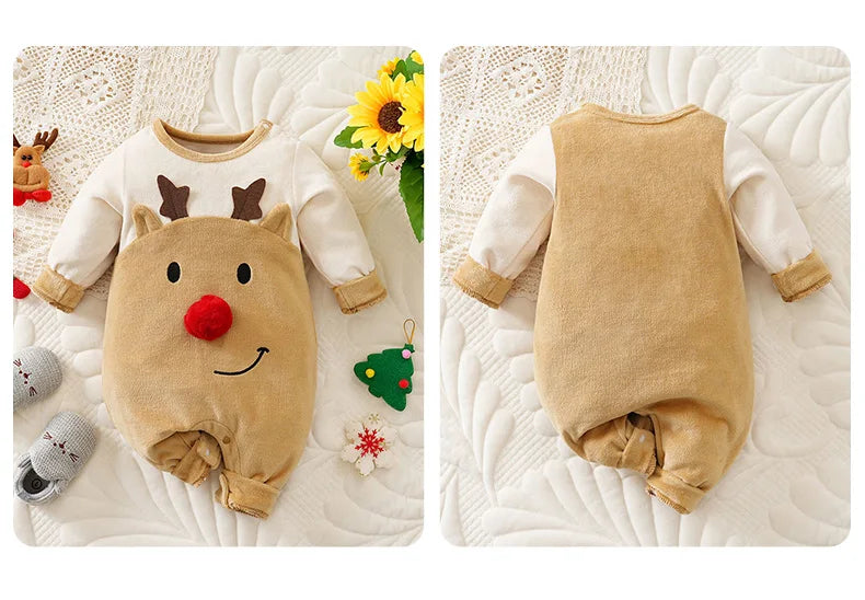 Baby Romper Cotton - Newborn Unisex Velvet Santa Elk Long Sleeve 0-18 Months - ZOOMNSTORE