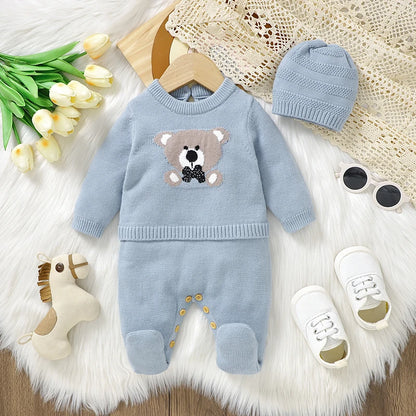 Baby Rompers Set - Newborn Knitted Long Sleeve Playsuit with Hat | Acrylic Winter Wear - ZOOMNSTORE