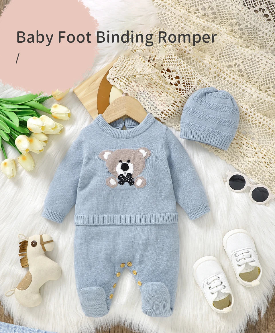 Baby Rompers Set - Newborn Knitted Long Sleeve Playsuit with Hat | Acrylic Winter Wear - ZOOMNSTORE