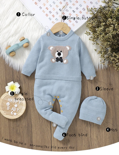 Baby Rompers Set - Newborn Knitted Long Sleeve Playsuit with Hat | Acrylic Winter Wear - ZOOMNSTORE