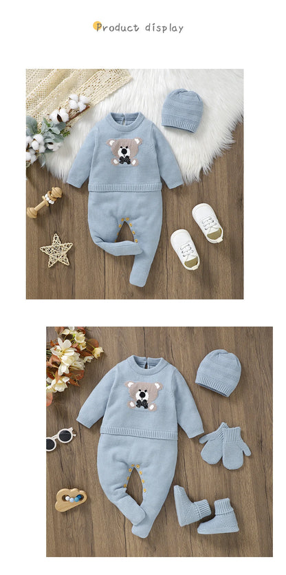 Baby Rompers Set - Newborn Knitted Long Sleeve Playsuit with Hat | Acrylic Winter Wear - ZOOMNSTORE