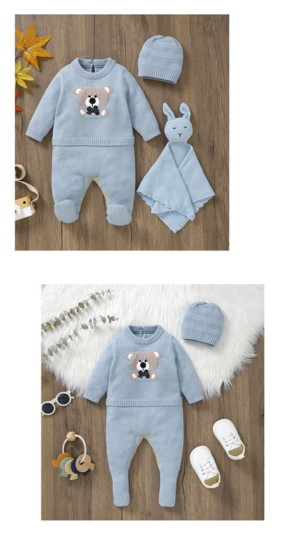Baby Rompers Set - Newborn Knitted Long Sleeve Playsuit with Hat | Acrylic Winter Wear - ZOOMNSTORE