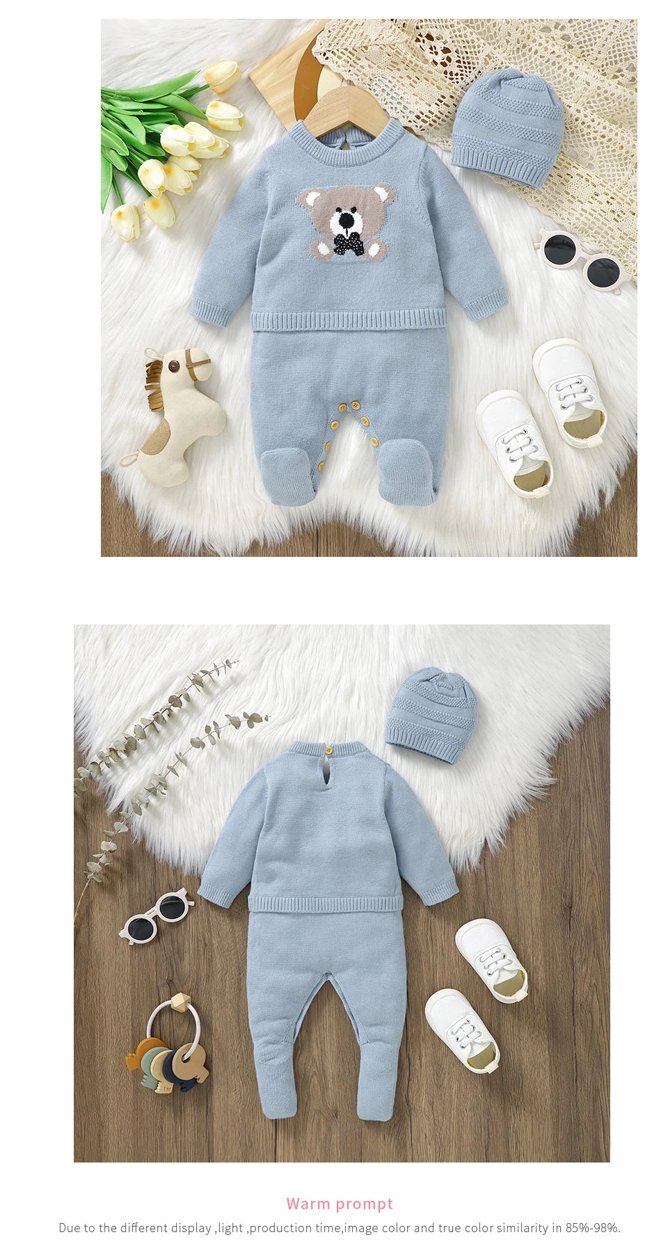 Baby Rompers Set - Newborn Knitted Long Sleeve Playsuit with Hat | Acrylic Winter Wear - ZOOMNSTORE