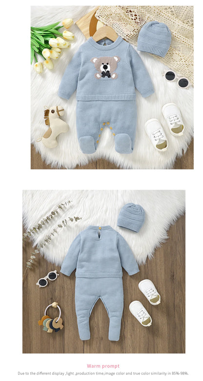 Baby Rompers Set - Newborn Knitted Long Sleeve Playsuit with Hat | Acrylic Winter Wear - ZOOMNSTORE