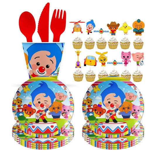 Cartoon Clown Baby Shower Party Set - Disposable Napkins Plates Cups Balloons Banner - ZOOMNSTORE