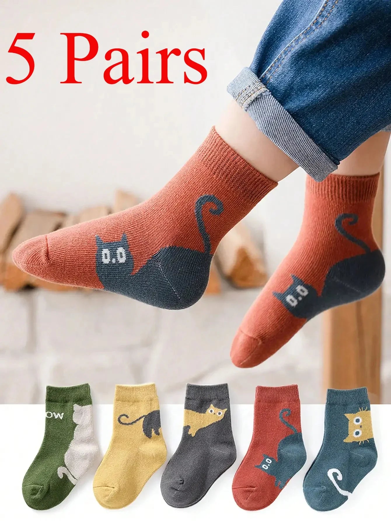 5 Pairs of Four-season Baby Socks Spring & Fall Cartoon Kitten Winter Mid-tube Socks Boys and Girls  Socks Toddler - ZOOMNSTORE