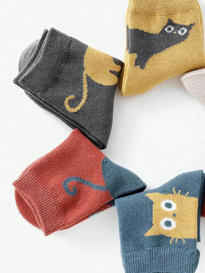 5 Pairs of Four-season Baby Socks Spring & Fall Cartoon Kitten Winter Mid-tube Socks Boys and Girls  Socks Toddler - ZOOMNSTORE