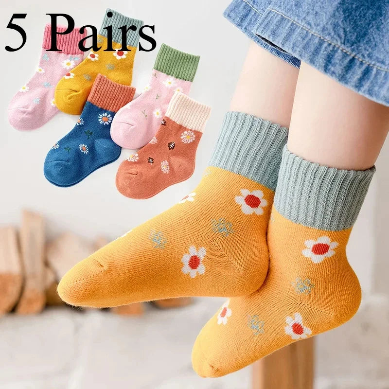 5 Pairs of Four-season Baby Socks Spring & Fall Cartoon Kitten Winter Mid-tube Socks Boys and Girls  Socks Toddler - ZOOMNSTORE