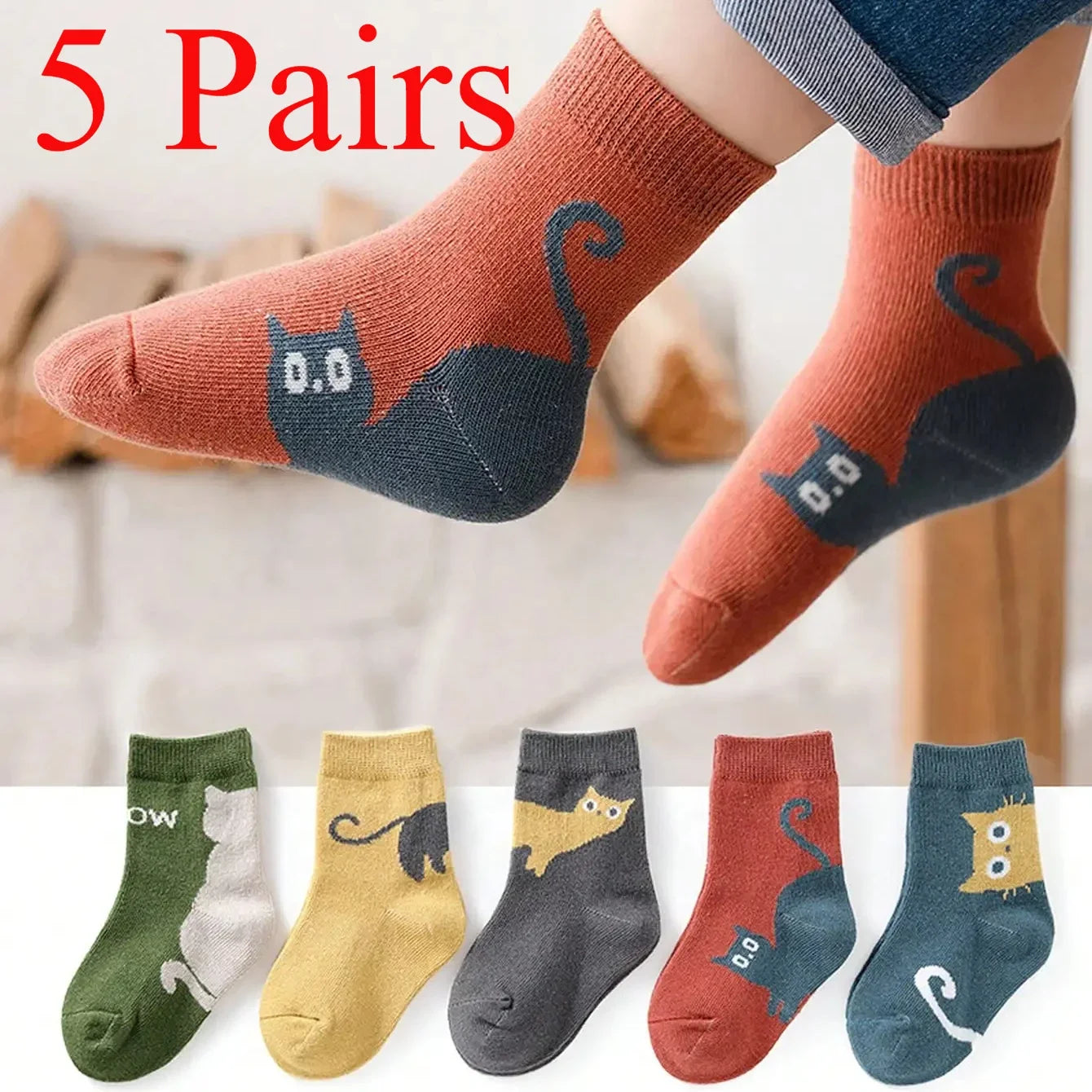 5 Pairs of Four-season Baby Socks Spring & Fall Cartoon Kitten Winter Mid-tube Socks Boys and Girls  Socks Toddler - ZOOMNSTORE