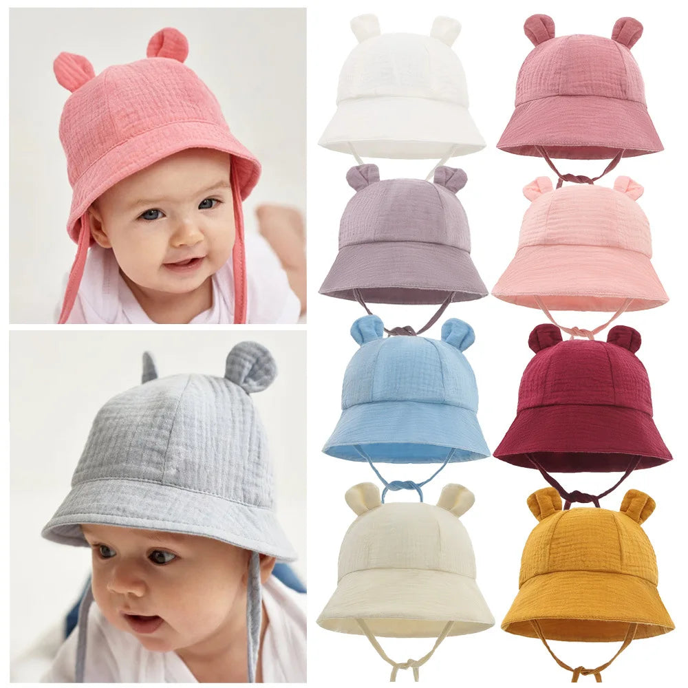 Baby Cotton Sun Hat New Children Outdoor Rabbit Ear Beach Caps Boy Girl Print Panama Hat Unisex Beach Bucket Hat For 3-12 Months - ZOOMNSTORE