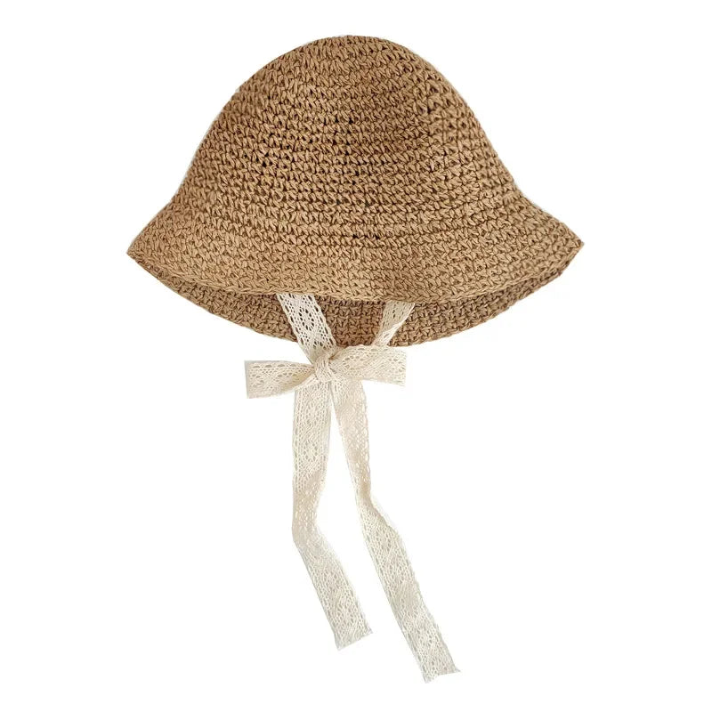 Fashion Lace Baby Hat Summer Straw Bow Baby Girl Cap Beach Children Panama Hat Princess Baby Hats and Caps for Kids 1PC - ZOOMNSTORE