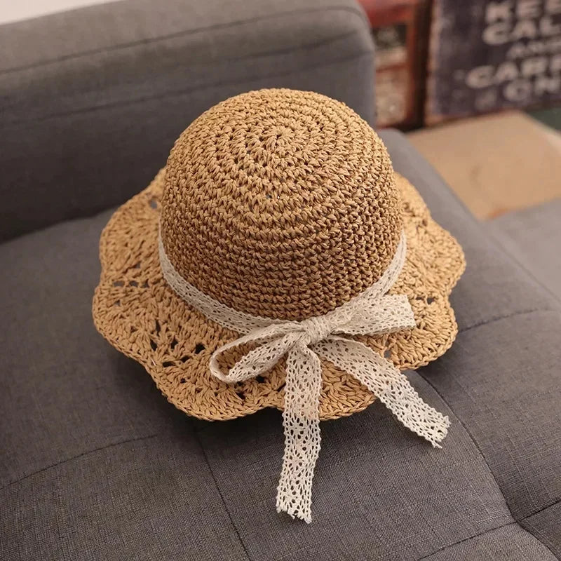 Fashion Lace Baby Hat Summer Straw Bow Baby Girl Cap Beach Children Panama Hat Princess Baby Hats and Caps for Kids 1PC - ZOOMNSTORE