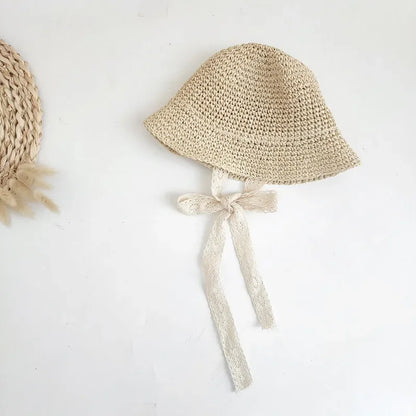 Fashion Lace Baby Hat Summer Straw Bow Baby Girl Cap Beach Children Panama Hat Princess Baby Hats and Caps for Kids 1PC - ZOOMNSTORE