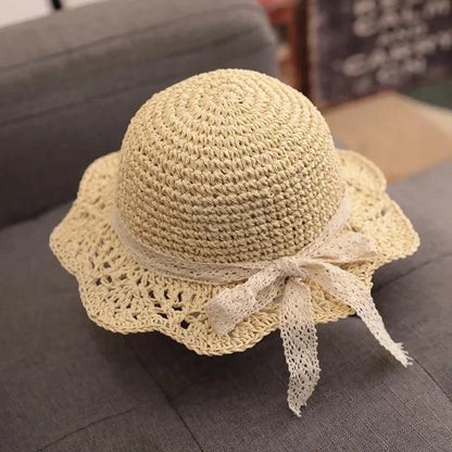 Fashion Lace Baby Hat Summer Straw Bow Baby Girl Cap Beach Children Panama Hat Princess Baby Hats and Caps for Kids 1PC - ZOOMNSTORE