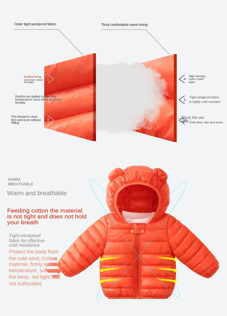 Baby Winter Coat - Lightweight Toddler Down Jacket with Ear Hoodie & Zipper Closure - ZOOMNSTORE