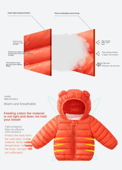 Baby Winter Coat - Lightweight Toddler Down Jacket with Ear Hoodie & Zipper Closure - ZOOMNSTORE