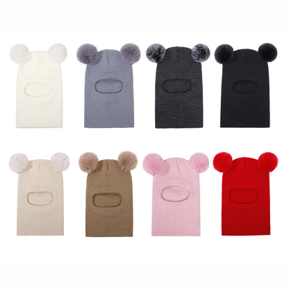 Pompom Baby Winter Hat Scarf One-piece Kids Knitted Beanie Warm Ears Neck Children Bonnet Infant Cap for Girls Boys 1-5Y - ZOOMNSTORE