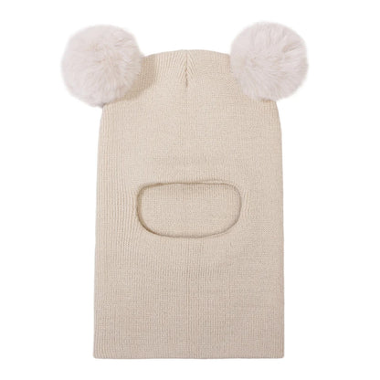 Pompom Baby Winter Hat Scarf One-piece Kids Knitted Beanie Warm Ears Neck Children Bonnet Infant Cap for Girls Boys 1-5Y - ZOOMNSTORE