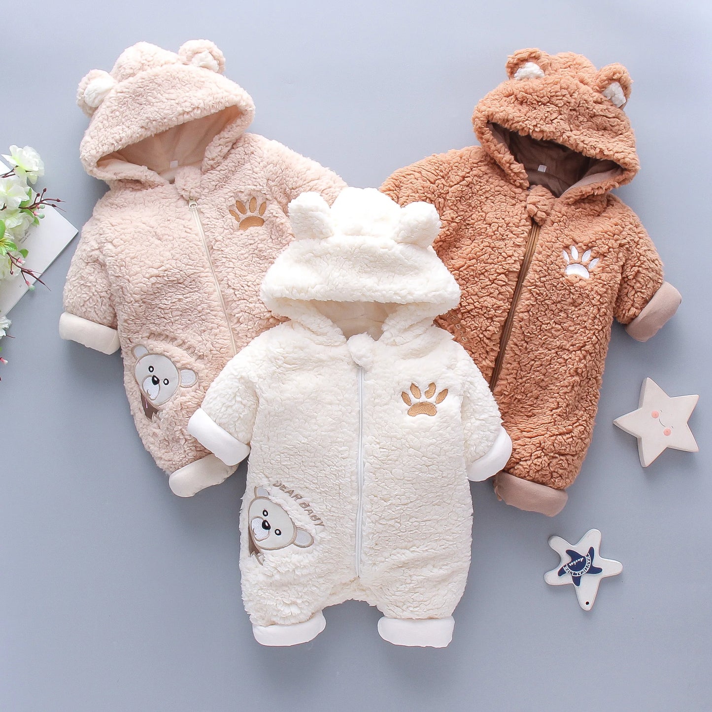 Baby Winter Jumpsuit - Thickened Cartoon Bear Romper For Girls 0-1 Year - ZOOMNSTORE