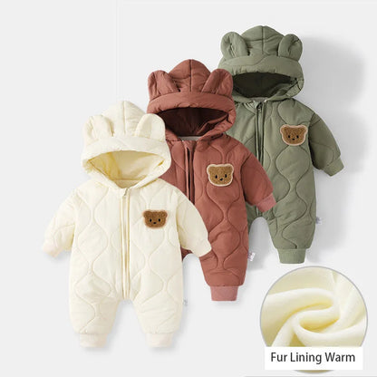 Baby Winter Romper - Fur Lined Cartoon Bear Infant Jumpsuit With Hooded Warm Outfit - ZOOMNSTORE