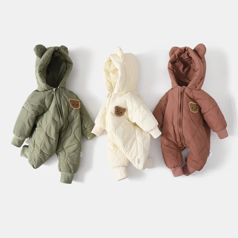 Baby Winter Romper - Fur Lined Cartoon Bear Infant Jumpsuit With Hooded Warm Outfit - ZOOMNSTORE