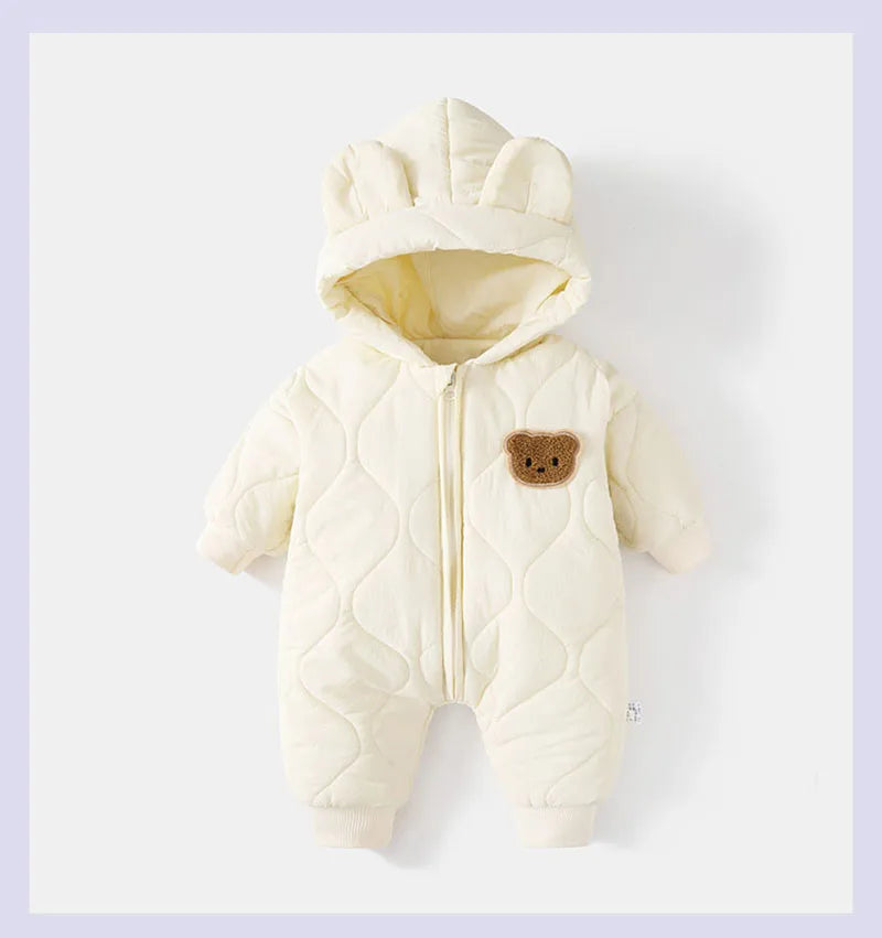 Baby Winter Romper - Fur Lined Cartoon Bear Infant Jumpsuit With Hooded Warm Outfit - ZOOMNSTORE
