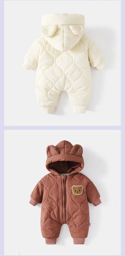 Baby Winter Romper - Fur Lined Cartoon Bear Infant Jumpsuit With Hooded Warm Outfit - ZOOMNSTORE