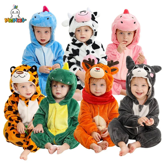 Baby Winter Rompers - Soft Polyester Hooded Jumpsuit With Animal Pattern, Machine Washable - ZOOMNSTORE