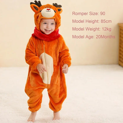 Baby Winter Rompers - Soft Polyester Hooded Jumpsuit With Animal Pattern, Machine Washable - ZOOMNSTORE