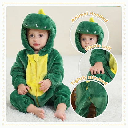 Baby Winter Rompers - Soft Polyester Hooded Jumpsuit With Animal Pattern, Machine Washable - ZOOMNSTORE