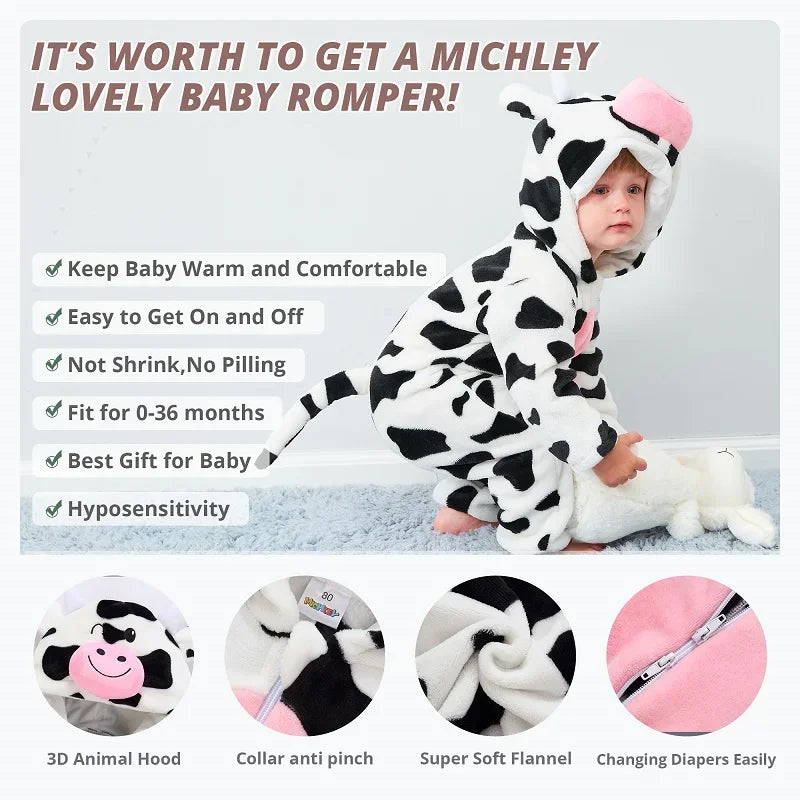 Baby Winter Rompers - Soft Polyester Hooded Jumpsuit With Animal Pattern, Machine Washable - ZOOMNSTORE