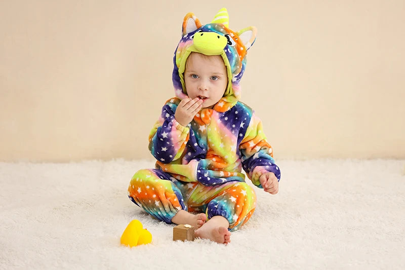 Baby Winter Rompers - Soft Polyester Hooded Jumpsuit With Animal Pattern, Machine Washable - ZOOMNSTORE