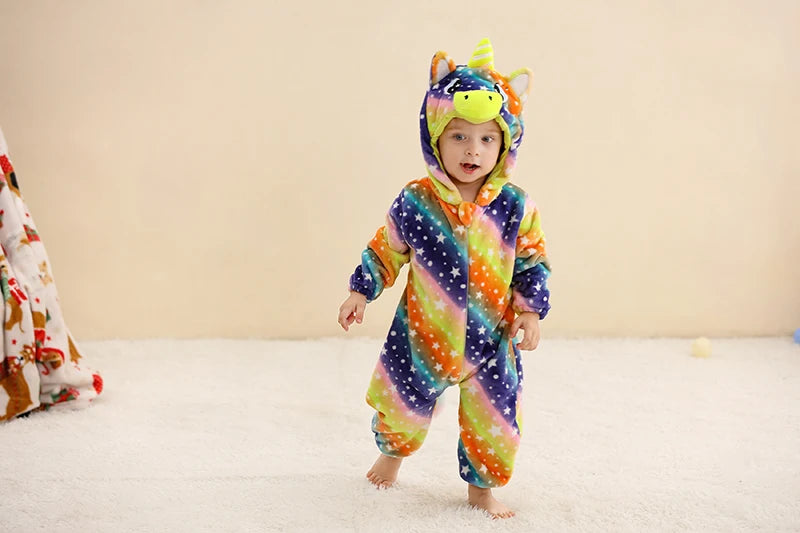 Baby Winter Rompers - Soft Polyester Hooded Jumpsuit With Animal Pattern, Machine Washable - ZOOMNSTORE