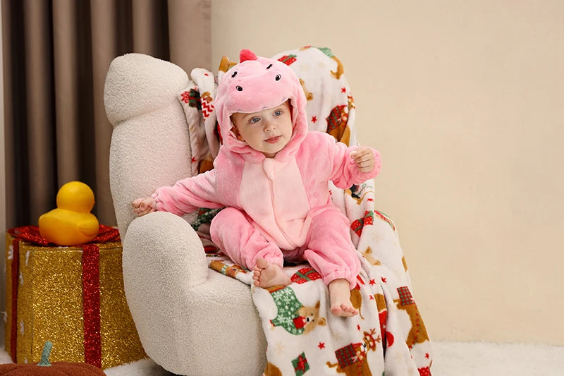 Baby Winter Rompers - Soft Polyester Hooded Jumpsuit With Animal Pattern, Machine Washable - ZOOMNSTORE
