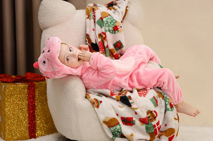 Baby Winter Rompers - Soft Polyester Hooded Jumpsuit With Animal Pattern, Machine Washable - ZOOMNSTORE