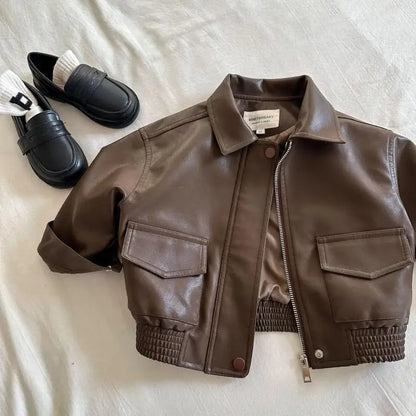 Brown PU Leather Toddler Jacket - Zipper Coat with Lapel Collar for 2-10Y - ZOOMNSTORE