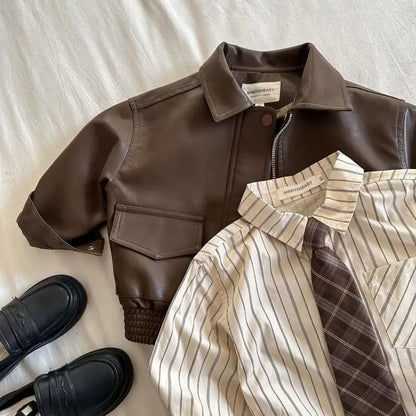 Brown PU Leather Toddler Jacket - Zipper Coat with Lapel Collar for 2-10Y - ZOOMNSTORE