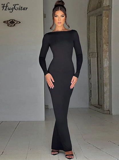 Backless Bodycon Maxi Dress – Long Sleeve Slim Fit Prom Dress With Empire Waist - ZOOMNSTORE