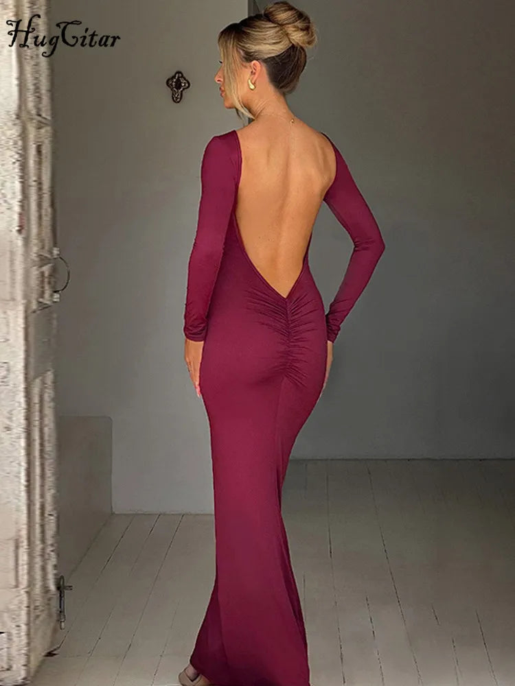 Backless Bodycon Maxi Dress – Long Sleeve Slim Fit Prom Dress With Empire Waist - ZOOMNSTORE