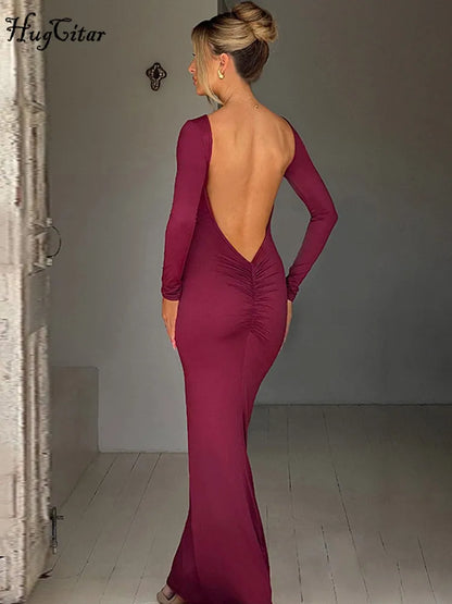 Backless Bodycon Maxi Dress – Long Sleeve Slim Fit Prom Dress With Empire Waist - ZOOMNSTORE