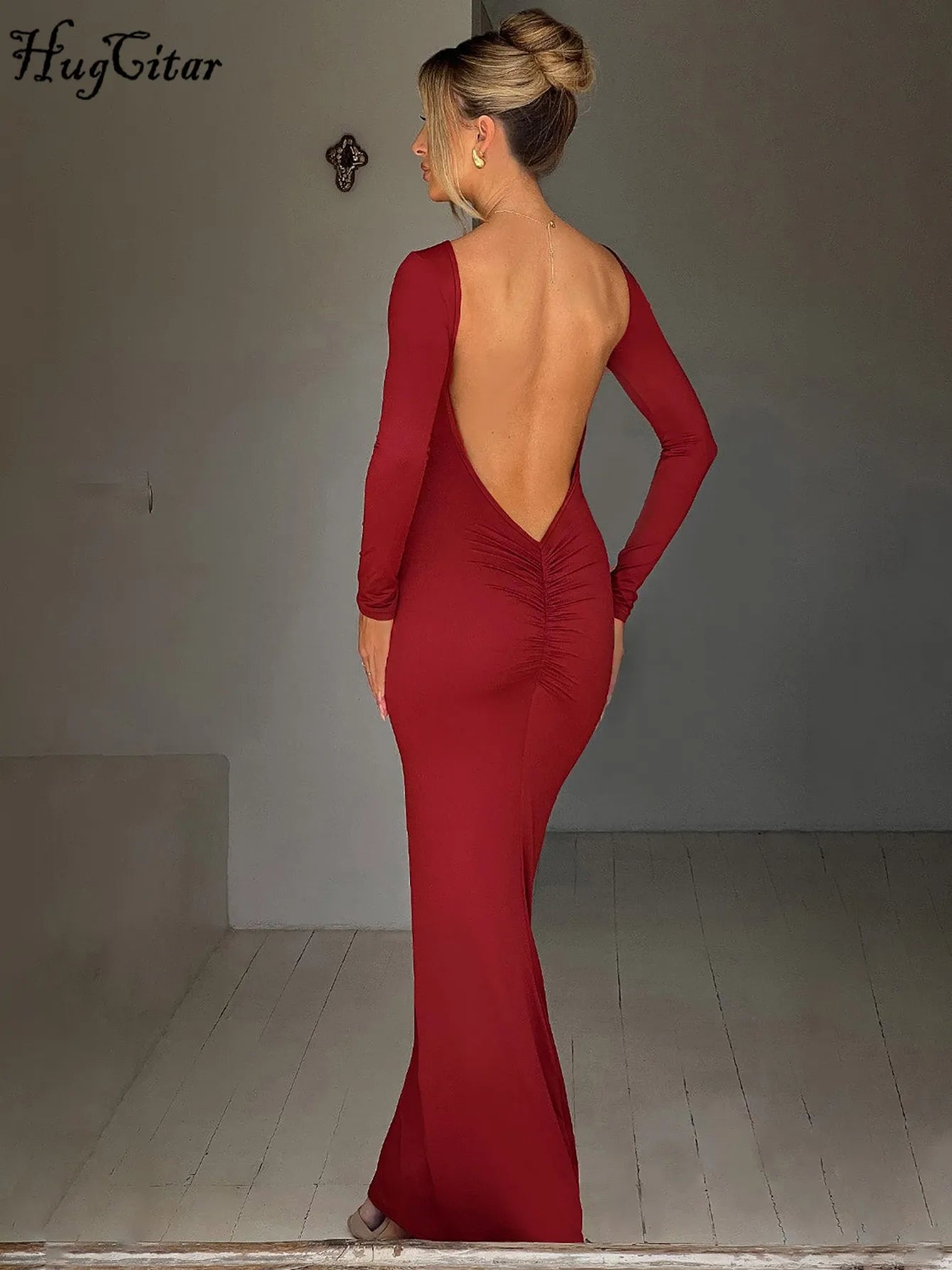 Backless Bodycon Maxi Dress – Long Sleeve Slim Fit Prom Dress With Empire Waist - ZOOMNSTORE